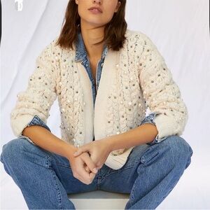 Maeve Anthropologie Party Pearl Embellished Knit Open Cardigan